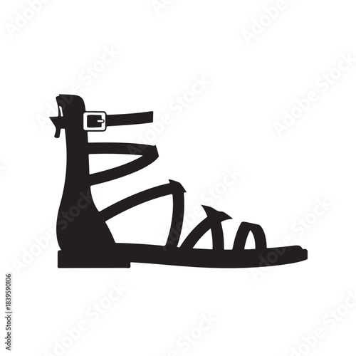 Black leather gladiator sandal silhouette minimalist icon isolated on white background for fashion design
