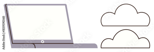 Laptop juxtaposed with minimal cloud icons, symbolizing data transfer, storage, and online collaboration. Ideal for technology, IT, remote work, innovation, communication digital tools simple flat