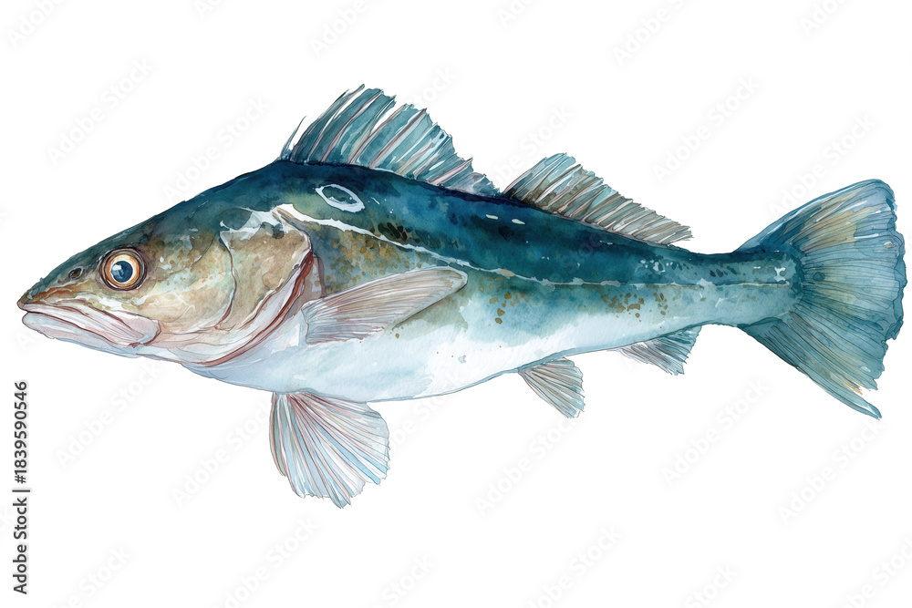 Obraz premium Pollack fish hand drawn watercolor illustration for seafood themes
