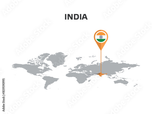 INDIA Location Pin on World Map with Flag in Pin's Body