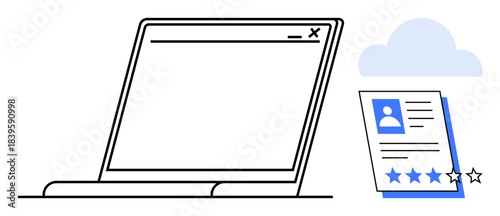 Open laptop with blank browser window next to cloud and digital profile document with star rating. Ideal for technology, recruitment, review, cloud storage, online resume, feedback, modern workflow