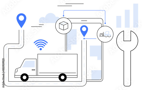 Logistics technology concept. Logistics systems use GPS tracking, data analysis, and real-time monitoring to enhance efficient supply chain solutions. Essential for transportation, technology