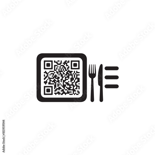 QR code menu icon with fork, knife and plate, restaurant scanner symbol