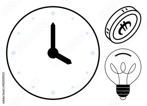 Time management, financial planning, creativity, innovation, productivity, business strategy. Minimalist image with a modern clock, currency coin and lightbulb. Time management and financial