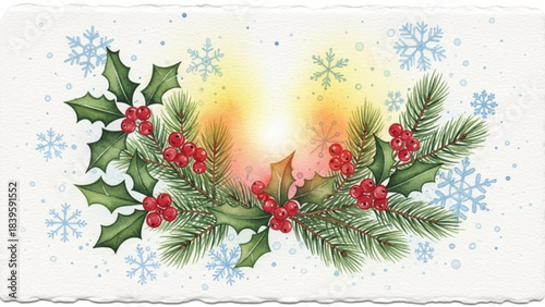 Holiday wreath with Christmas decor: A festive holiday wreath adorned with sprigs of holly and winter berries, intertwined with a backdrop of snowflake accents and a central candle.