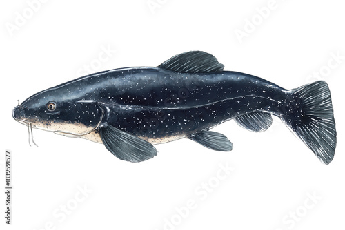 Hand drawn watercolor illustration of a black bullhead catfish