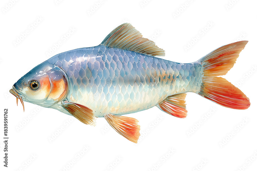 Fototapeta premium Shimmering hand drawn watercolor illustration of a silver carp