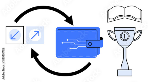 Digital wallet icon. Digital wallet transaction flow using illustrated arrows and associated concepts. Digital wallet for fintech tools, e-commerce, secure transactions, and financial applications