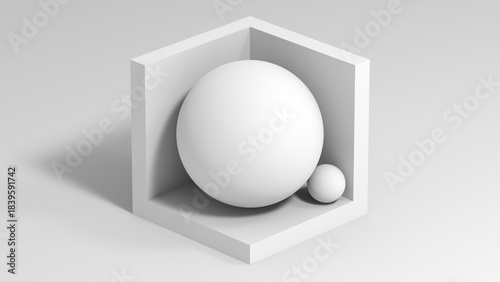 A clean, monochrome rendering featuring a large white sphere and a smaller companion