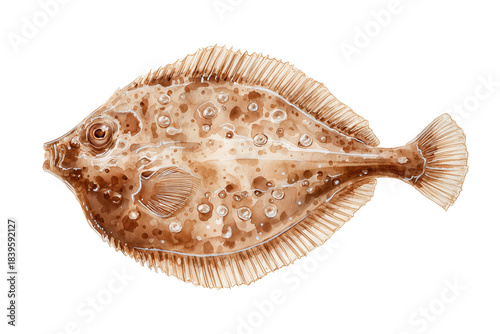 Monochromatic hand drawn watercolor painting of a turbot flatfish