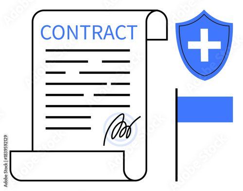 Legal contracts, health policies, safety, business agreements, document signing, accountability. A signed contract with a shield and flag icons. Legal contracts and health policies concept