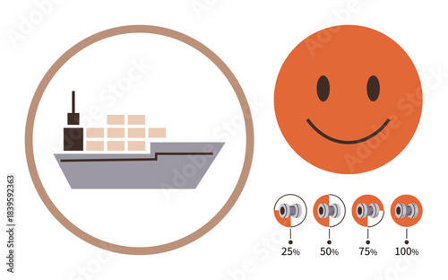 Cargo ship carrying containers connects progress with productivity. happy face and volume controls display satisfaction or performance. Ideal for logistics, performance, feedback, growth, customer