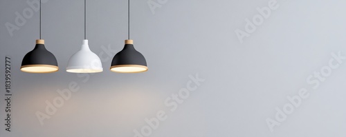Modern Pendant Lights Black, White and Wood Design on Gray, interior , lighting