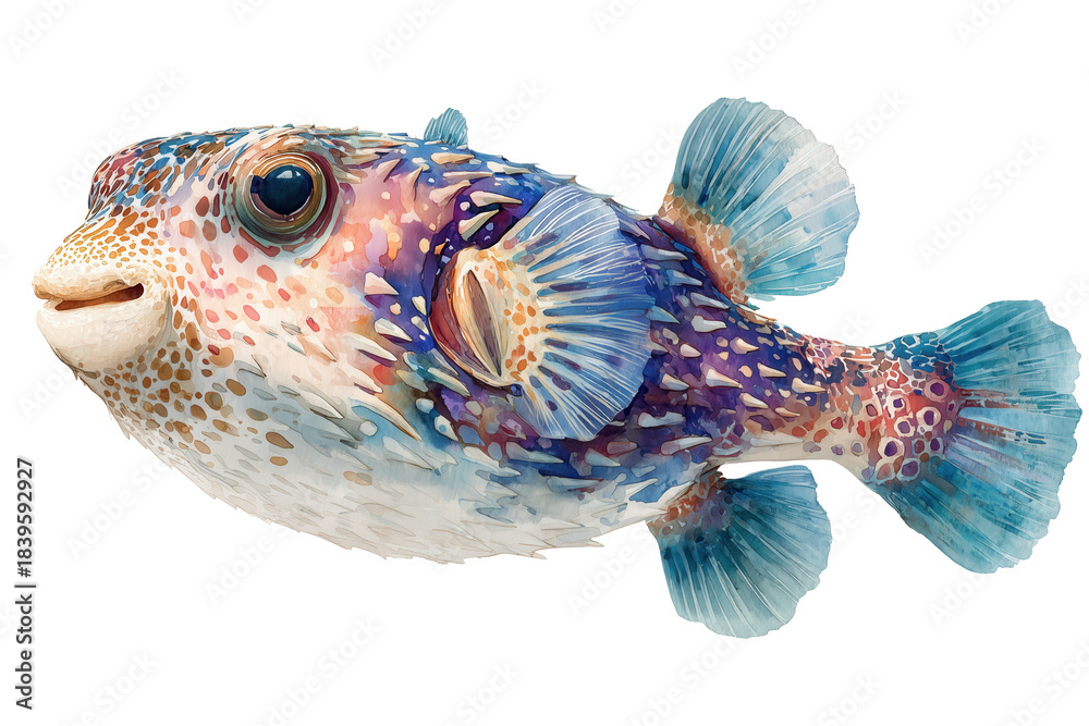 Naklejka premium Spotted Porcupine Pufferfish hand drawn watercolor