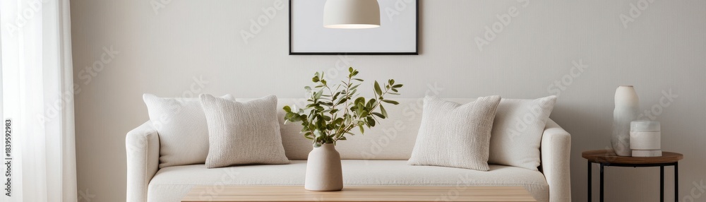 Fototapeta premium Neutral Living Room Sofa, Greenery and Warm Lighting,Interior ,Home Decor