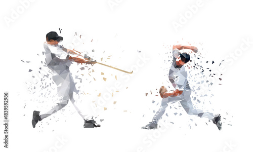 Baseball sport, baseball pitcher and batter, two players isolated low poly vector illustration with dispersion effect. Team sports