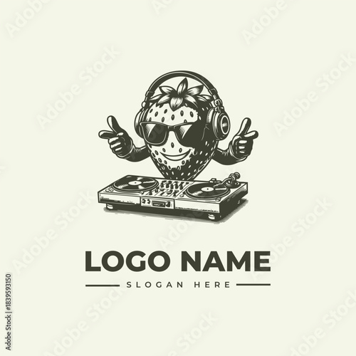 A cheerful vector logo illustration featuring a cool strawberry DJ in a distinct engraving style. This playful design is ideal for creative music-related branding.