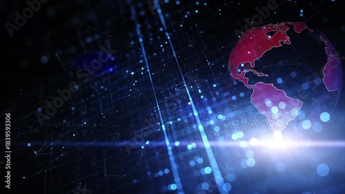 Red blue earth rotation on digital shine blue cyberspace network lines dots vertical loop background.