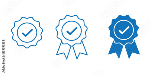 Three Blue Award Ribbons with Checkmarks badge On Transparent Background