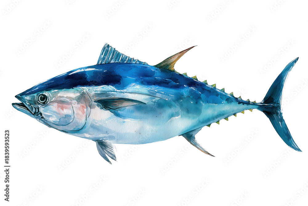 Fototapeta premium Powerful Bluefin Tuna Hand Drawn Watercolor Illustration