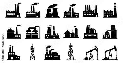Factory, power plant industrial icons. Factory, power plant, oil refinery and oil processing plant industrial icon. Transparent background SVG version.