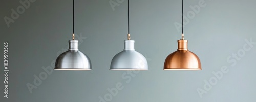 Three Metal Pendant Lights Silver, Grey and Copper Finish, home decor , lighting