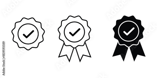 Three Black Award Ribbons with Checkmarks badge On Transparent Background