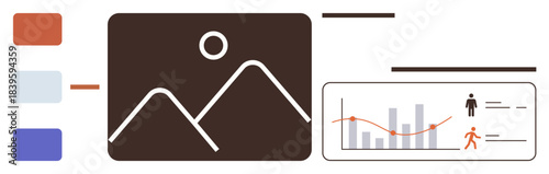 Image thumbnail beside interactive bar and line chart with user statistics. Ideal for analytics, reporting, user behavior, data visualization, dashboard UI, performance, and research. Simple flat