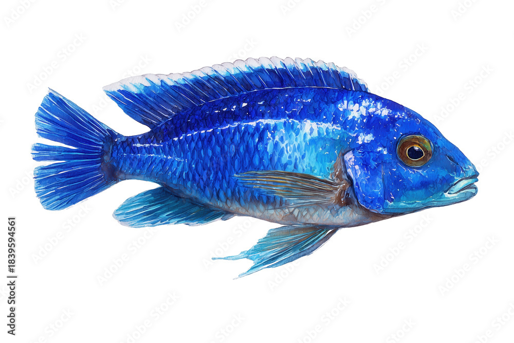 Obraz premium Cobalt Blue Zebra Cichlid Hand Drawn Watercolor