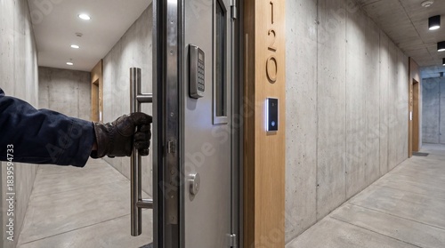 Gloved hand opening a secure metal door with a digital keypad. Modern apartment building corridor with concrete walls and access control system. Home security and burglary prevention concept