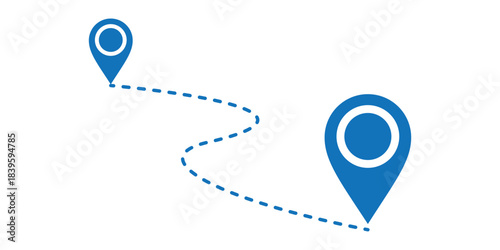 Blue Map Pin Route with Dashed Line location marker On Transparent Background