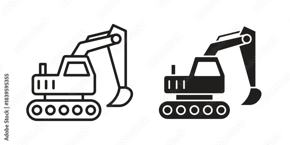 Naklejka premium Excavator icons silhouette vector flat illustration design. Stroke line icons