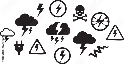Electricity and Thunder Icon Set – Lightning, Storm Clouds, Power Symbols, Warning Signs, Energy and Hazard Icons