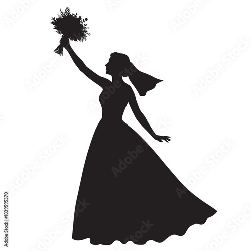 Black silhouette of woman in dress throwing bouquet, wedding icon for invitations and celebrations