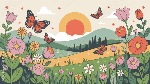Retro Flower Power Meadow Landscape with Butterflies