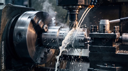 Industrial CNC lathe machine cutting metal cylinder with coolant spray. Manufacturing process in factory