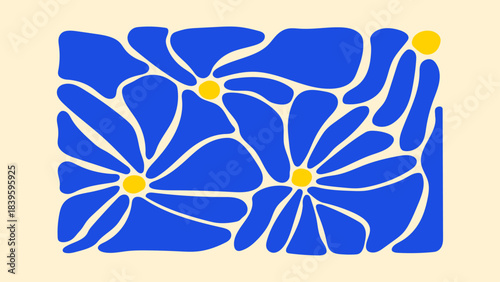 Linocut-inspired floral pattern with chunky shapes and wavy energy, ideal for bold summer banners and playful botanical layouts.