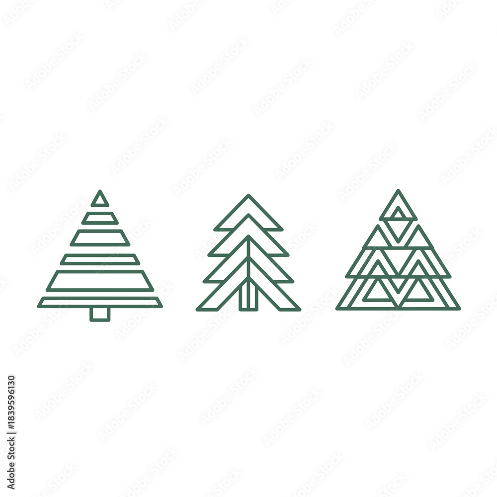 Fototapeta premium Minimalist Scandinavian Christmas tree geometric line art set in dark green colors for modern holiday icons with copy space