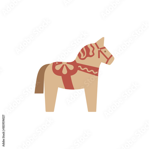 Traditional Scandinavian Dala horse toy illustration in beige and red colors for folk art holiday card with copy space