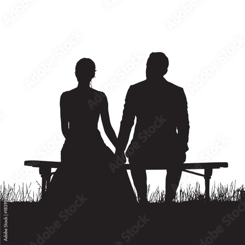 Silhouetted couple sitting on park bench intimate romantic date night dark shadow outline illustration