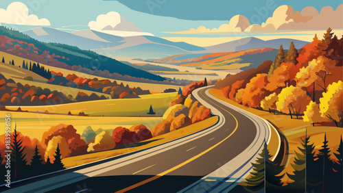 Very beautiful autumn highway winding through golden and red foliage, sunlight illuminating rolling hills and crisp rural scenery. A peaceful seasonal landscape capturing Vermont’s warm colors and ser