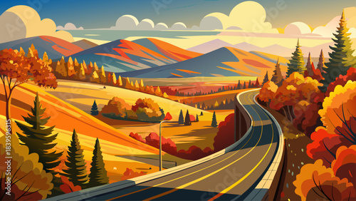 Very beautiful autumn highway winding through golden and red foliage, sunlight illuminating rolling hills and crisp rural scenery. A peaceful seasonal landscape capturing Vermont’s warm colors and ser