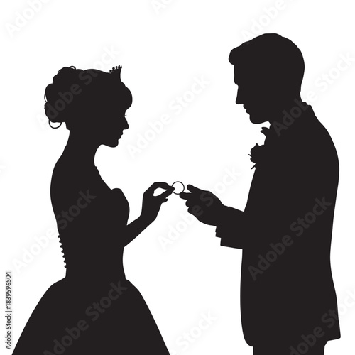 Silhouette of couple exchanging wedding ring ceremony intimate moment black and white illustration