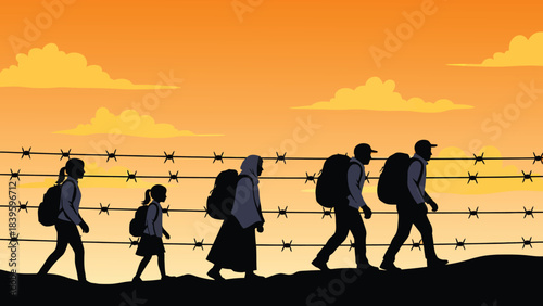 Silhouetted refugees walk towards a barbed wire fence