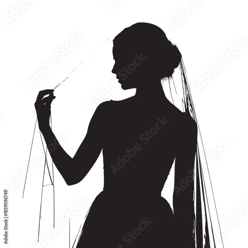 Bride in silhouette bride dress wedding veil illustration