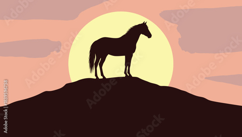 Silhouette of a horse standing on a hill at sunset