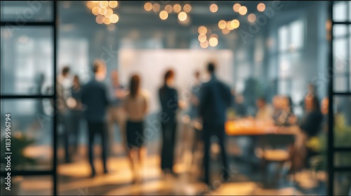 Blurred networking event through window