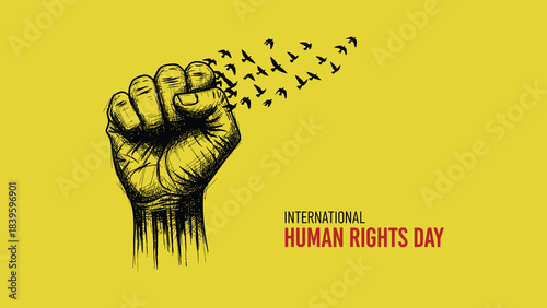 Raised fist releasing birds symbolizing freedom and human rights