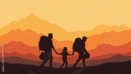 Family silhouette hiking together against warm sunset mountain backdrop