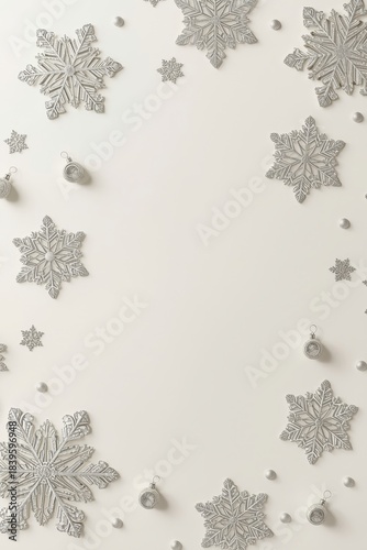 Silver snowflakes and decorations create a festive border on a light background